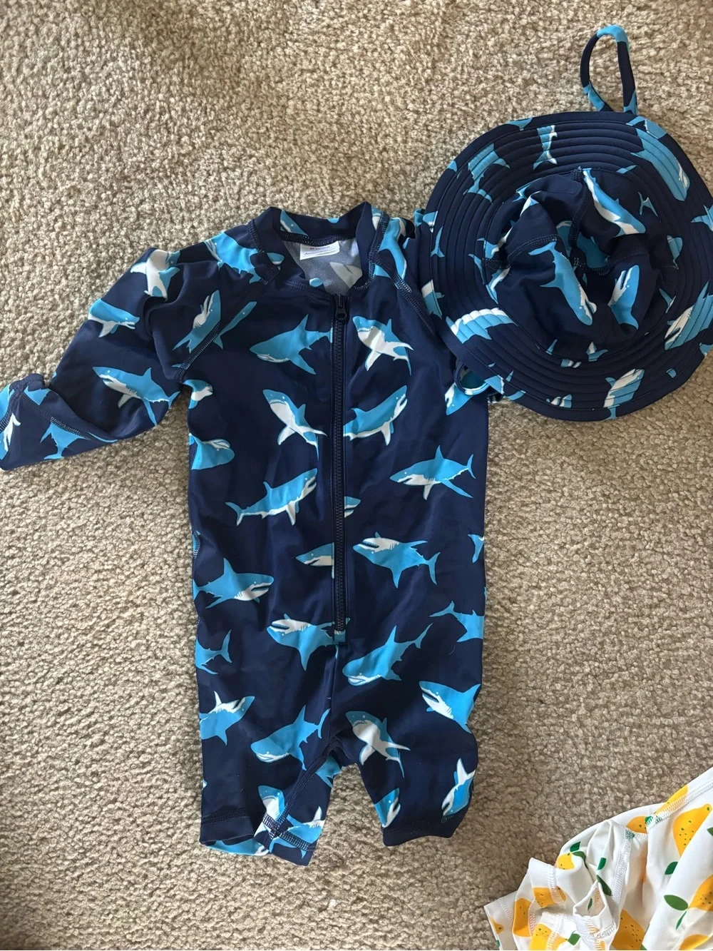 Hanna Andersson Navy & Blue Shark Rashguard One-Piece with Matching Hat